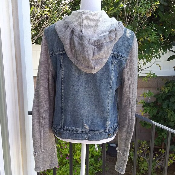 Free People Distressed Denim Gray Knit Sleeves and Hoodie Jacket Med - Picture 3 of 8
